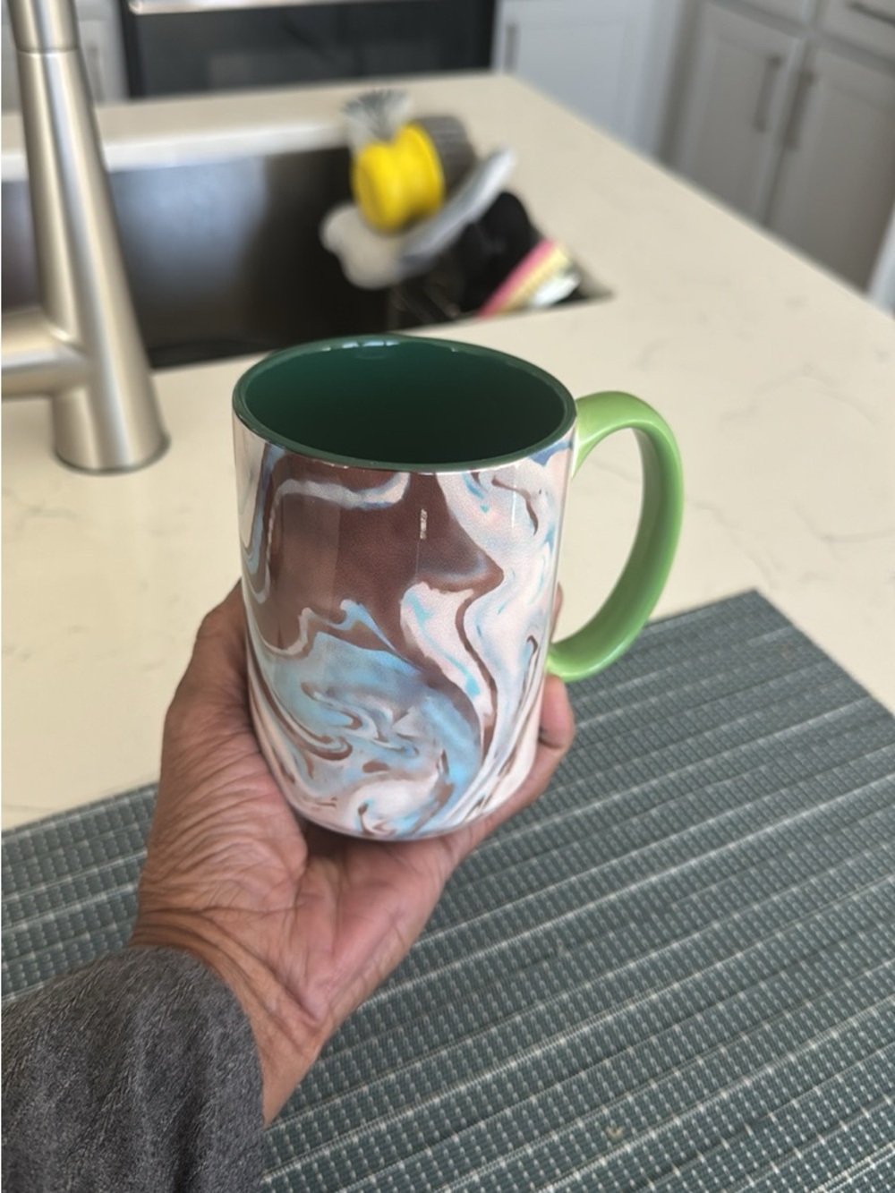 Marbled Ceramic Mug with Green Handle and Interior